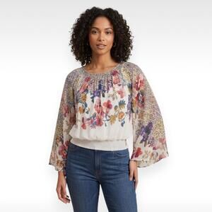 Anthropologie Floral Smocked Blouse - Size M - Boho Gauzy Bell Sleeve Top